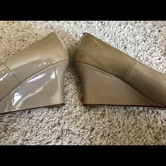 Cole Haan Nude Patent Leather Peep Toe Wedges - Picture 4 of 6